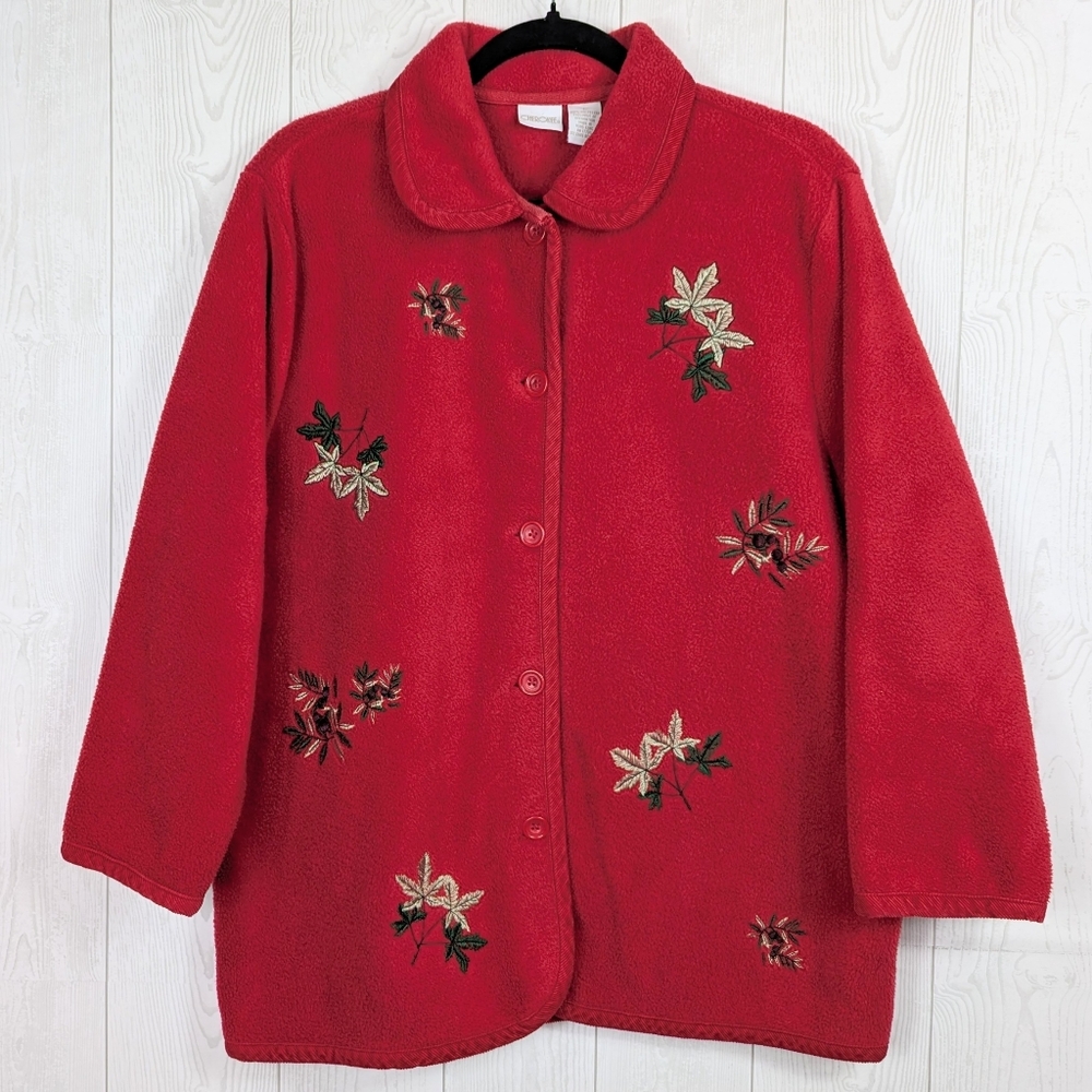 Cherokee Fleece Jacket Women's Size Large Red With Embroidery Leaves Button Up